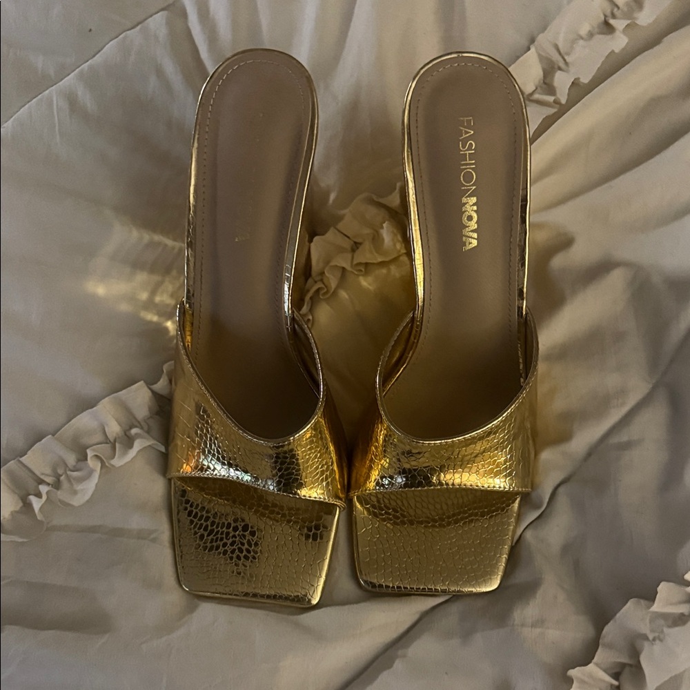 Fashion Nova Shimmering Gold Mules